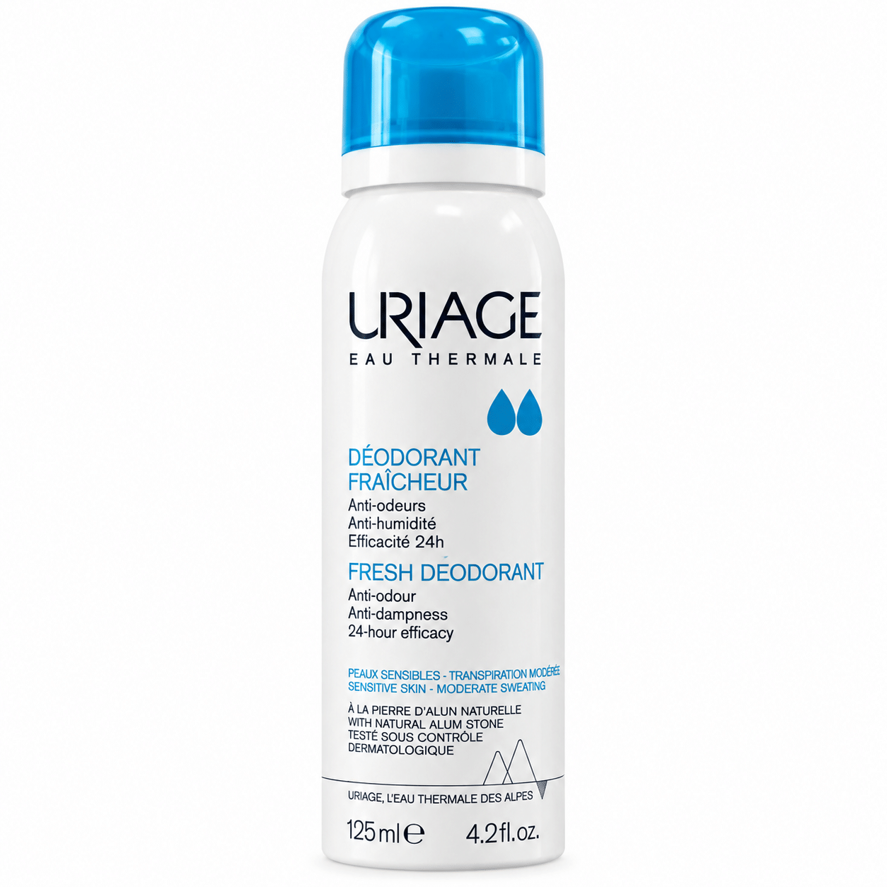 Deodorante Uriage blu su sfondo bianco (1)