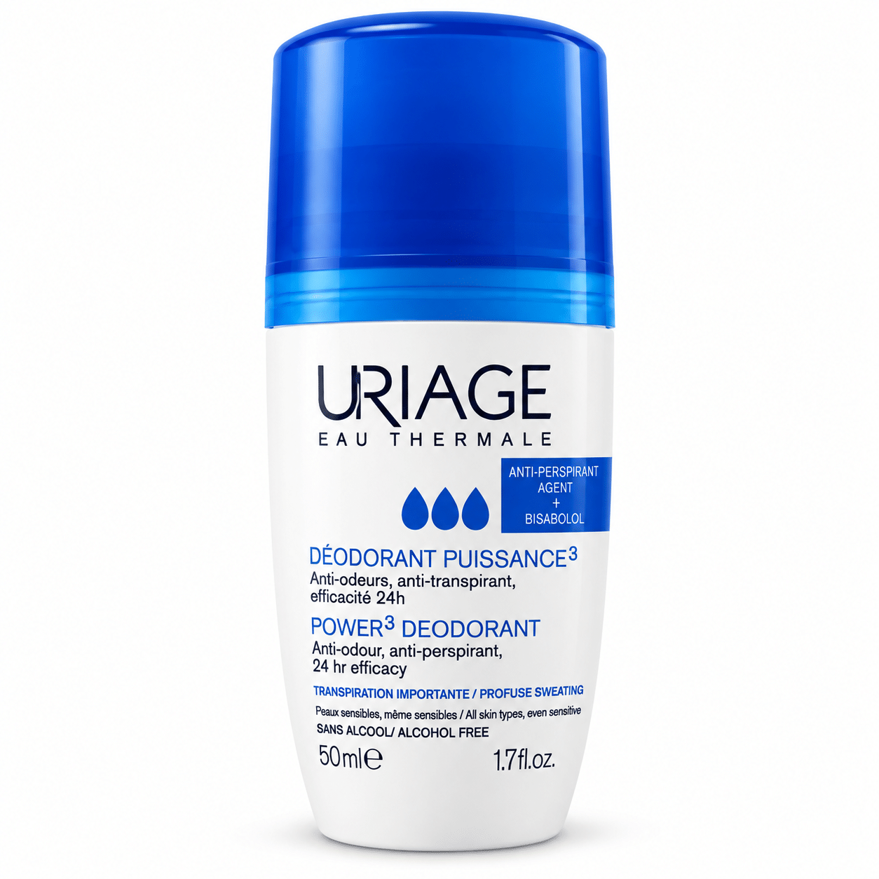 Deodorante roll-on bianco e blu Uriage